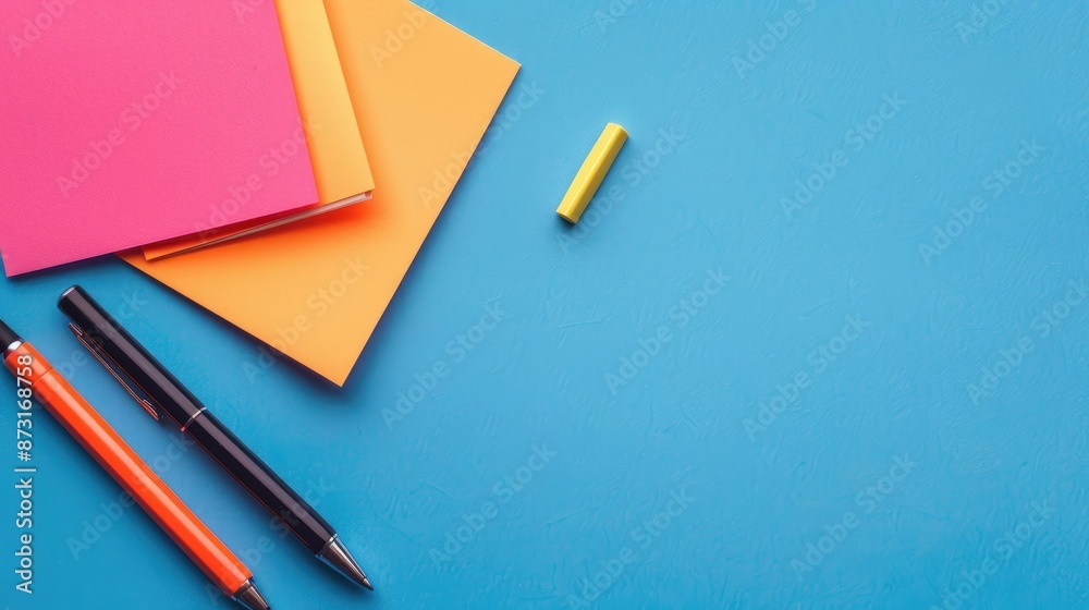 Orange and pink paper notes with pen on blue background in various views for text and copying Orange and pink paper notes with pen on blue background in various views for text and copying