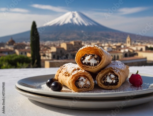 Cannoli Siciliani against the backdrop of Mount Etna, Catania, Palermo. Traditional cakes - the gastronomic symbol of Sicily. AI