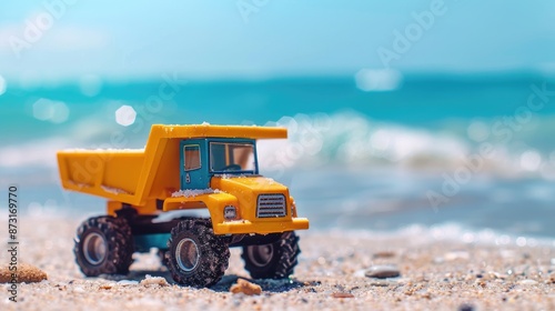 Toy dump truck on the beach with ocean background and space for text