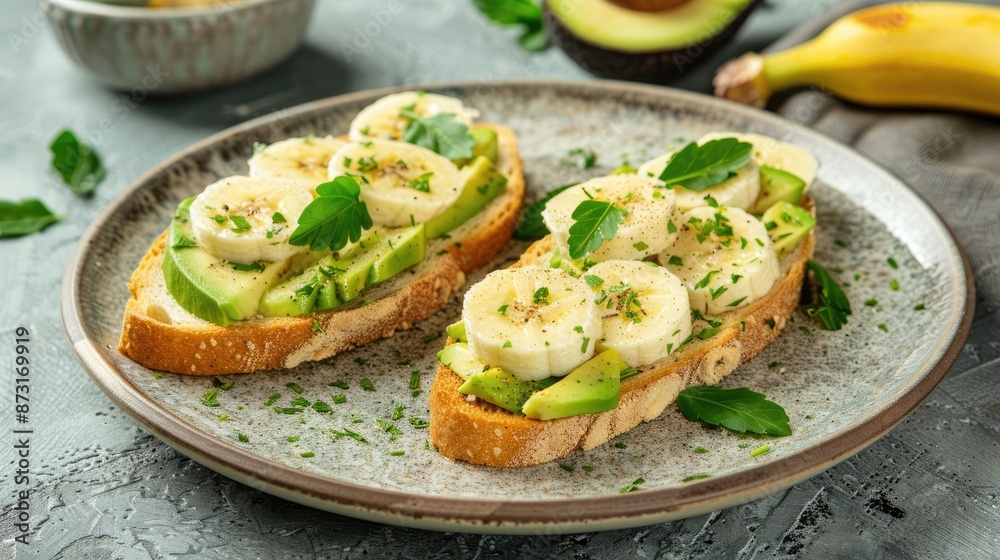 Fried bread topped with avocado and sliced banana on a plate focus on health conscious snack Text area available Fried bread topped with avocado and sliced banana on a plate focus on health conscious snack Text area available