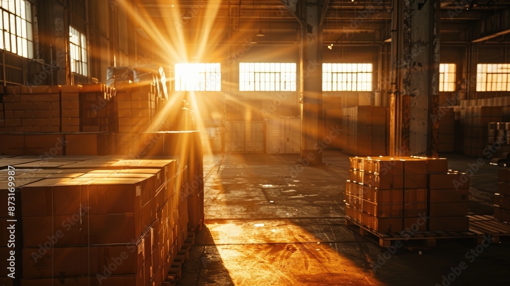 Storage of ready made cardboard boxes on pallets in a warehouse Designing concept for corrugated cardboard box manufacturing Sunset rays inside through window Storage of ready made cardboard boxes on pallets in a warehouse Designing concept for corrugated cardboard box manufacturing Sunset rays inside through window