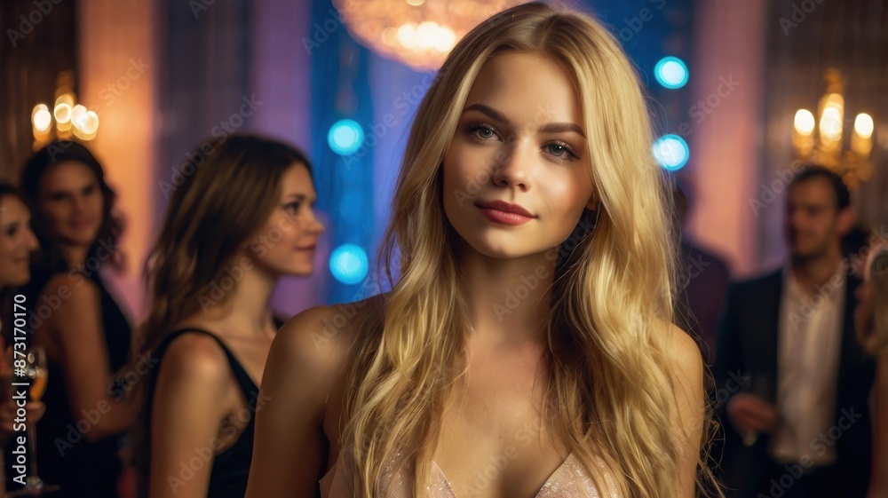 Woman at Party with Elegant Dress and Chandelier in Background Woman at Party with Elegant Dress and Chandelier in Background