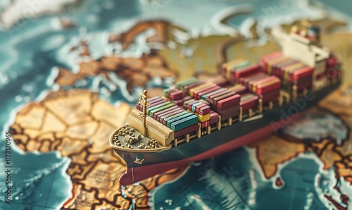 Miniature Container Ship on World Map, Highlighting Global Trade Routes and Connectivity