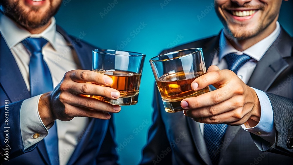 Men drink, cheers. Glasses of whiskey against blue background, close up Men drink, cheers. Glasses of whiskey against blue background, close up