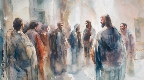 Jesus speaking to his disciples in a watercolor illustration, inside a serene and ethereal environment. Religious artwork, biblical story, Christian teaching, historical depiction, fine art concept. photo