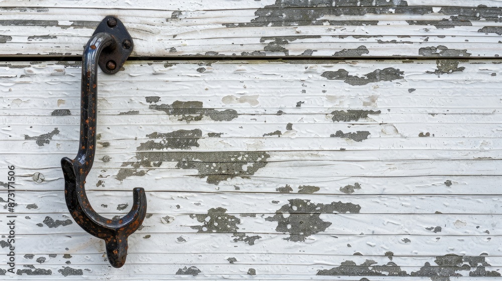 Retro metal hook on weathered white wood with space for text Retro metal hook on weathered white wood with space for text