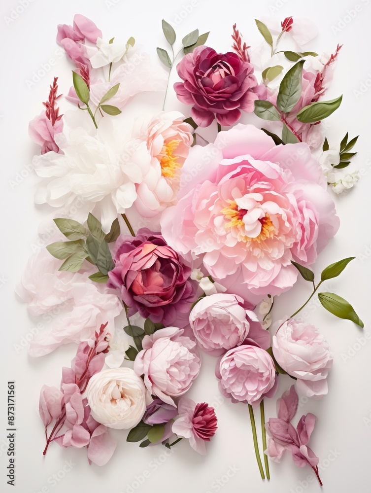 Peoniesroses on white background with copy space.Romantic feminine composition, mother's day,International Women day,generated with AI. High quality image