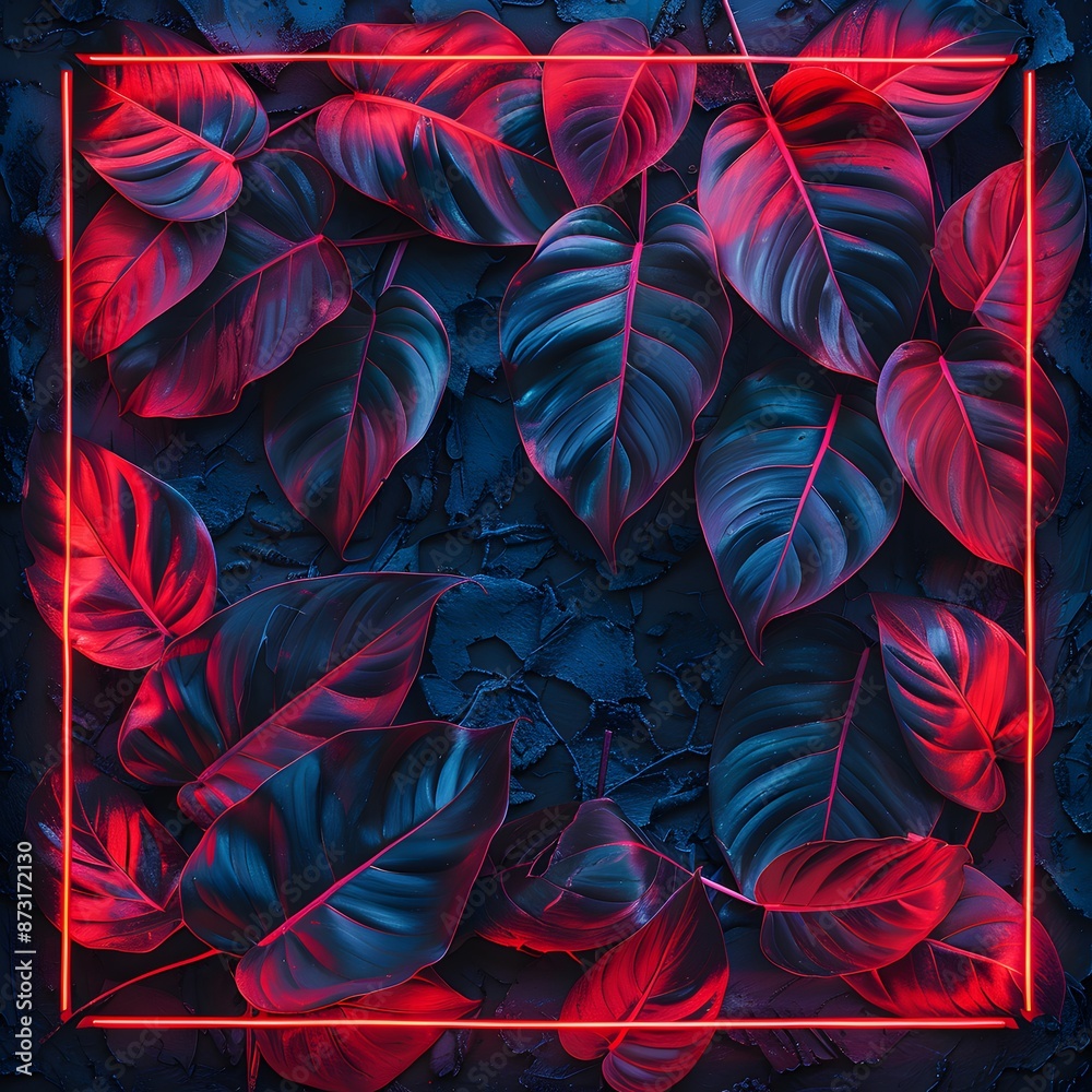 A vibrant array of red and blue leaves framed by neon lights creating a striking and modern design. A vibrant array of red and blue leaves framed by neon lights creating a striking and modern design.