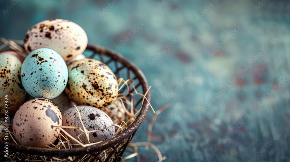 Colorful Easter quail eggs in metallic basket Spring celebration idea with space for text Colorful Easter quail eggs in metallic basket Spring celebration idea with space for text