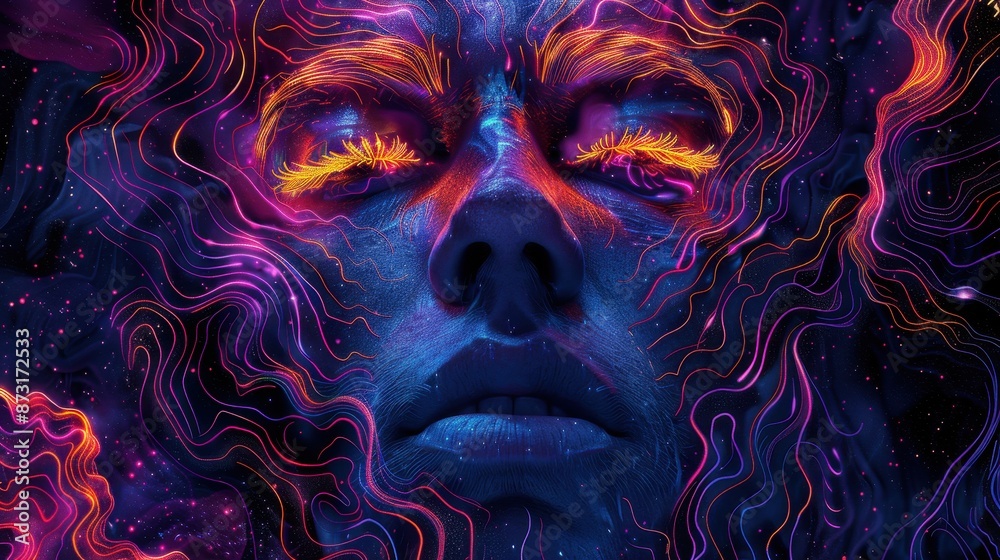 Abstract Digital Art of a Human Face with Neon Colors and Psychedelic Patterns in a Futuristic Style Abstract Digital Art of a Human Face with Neon Colors and Psychedelic Patterns in a Futuristic Style