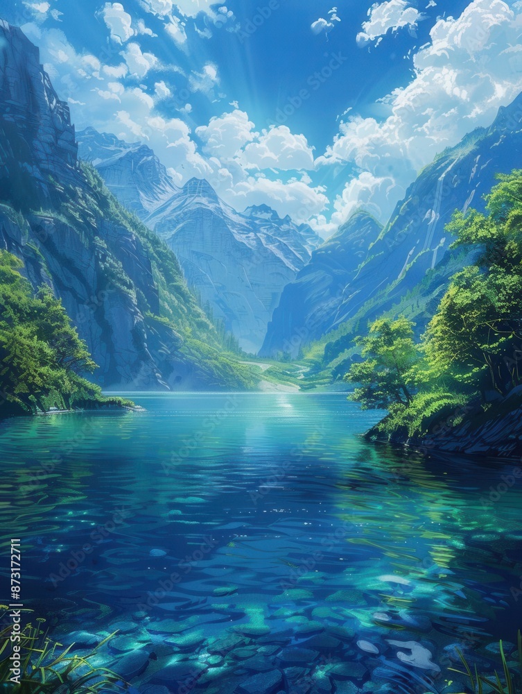 Paisaje sereno con montanas y un rio cristalino, espacio para texto en el cielo azul, luz natural Paisaje sereno con montanas y un rio cristalino, espacio para texto en el cielo azul, luz natural