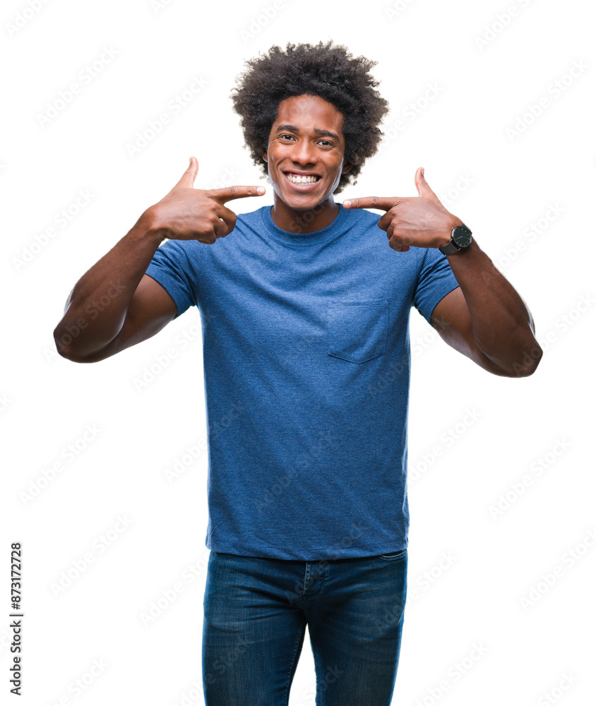 Afro american man over isolated background smiling confident showing and pointing with fingers teeth and mouth. Health concept. Afro american man over isolated background smiling confident showing and pointing with fingers teeth and mouth. Health concept.
