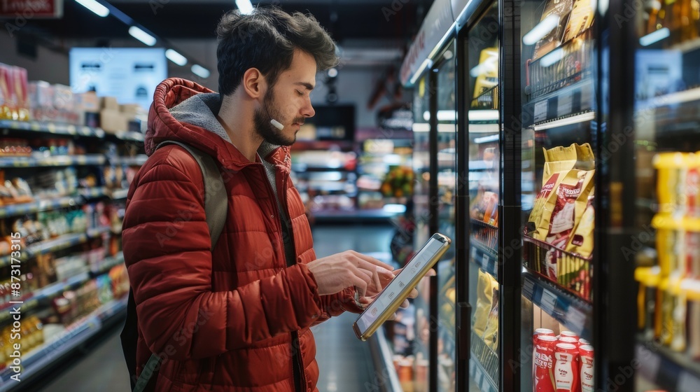 Man Using Smartphone in Grocery Store Man Using Smartphone in Grocery Store