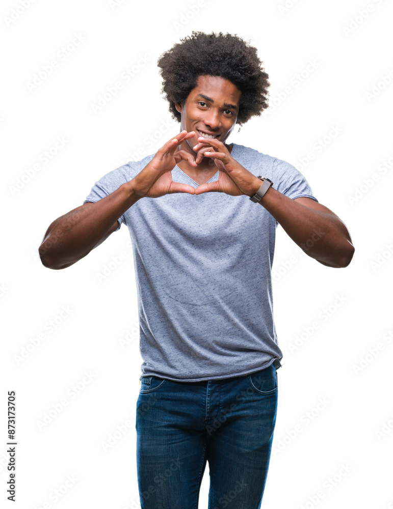 Afro american man over isolated background smiling in love showing heart symbol and shape with hands. Romantic concept. Afro american man over isolated background smiling in love showing heart symbol and shape with hands. Romantic concept.
