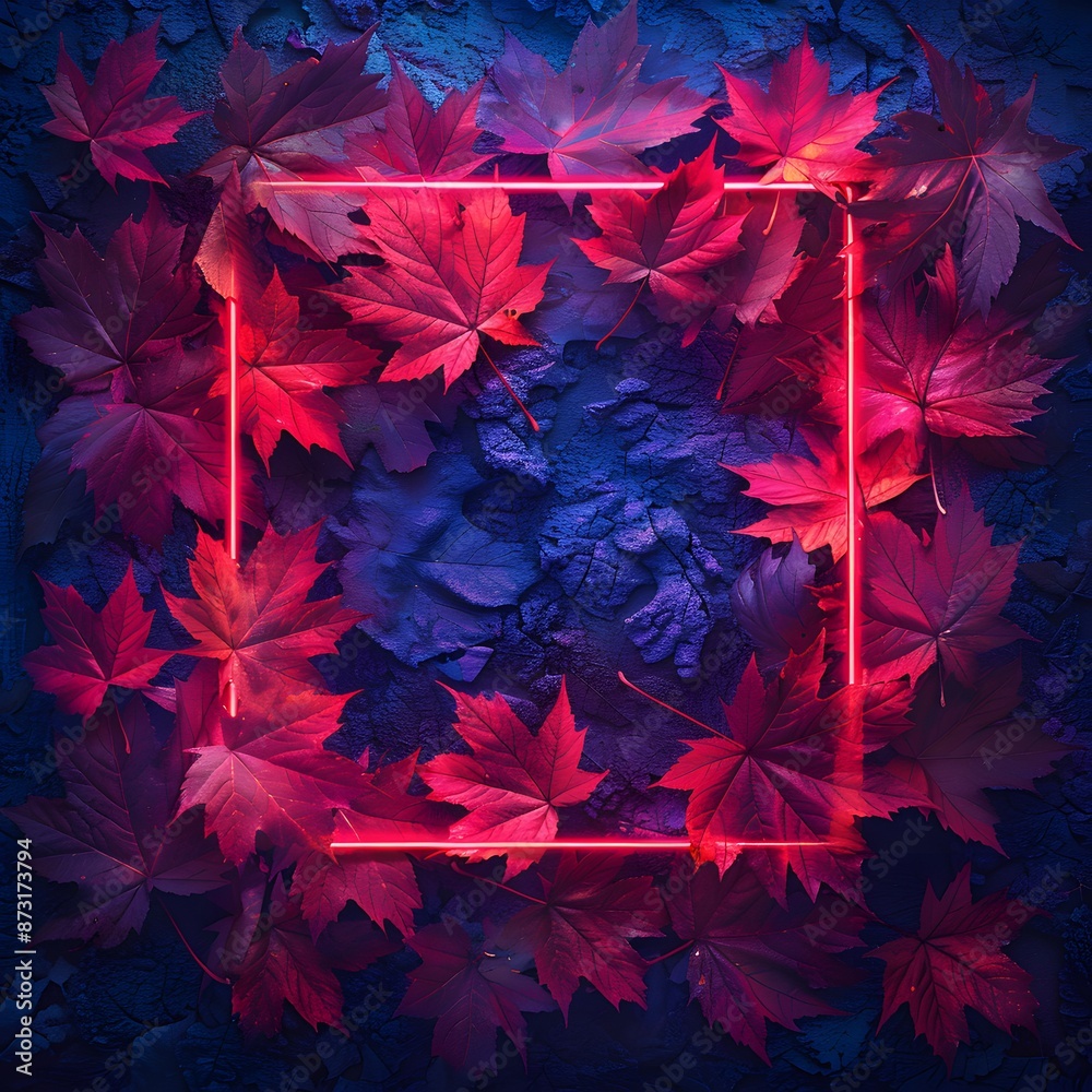 Abstract image of vibrant red leaves with a neon frame on a dark textured background, creating a stunning visual contrast. Abstract image of vibrant red leaves with a neon frame on a dark textured background, creating a stunning visual contrast.