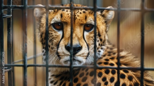 Cheetah in captivity with empty space and specific focus photo