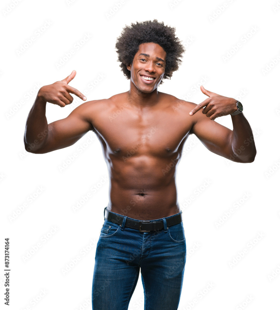 Afro american shirtless man showing nude body over isolated background looking confident with smile on face, pointing oneself with fingers proud and happy. Afro american shirtless man showing nude body over isolated background looking confident with smile on face, pointing oneself with fingers proud and happy.