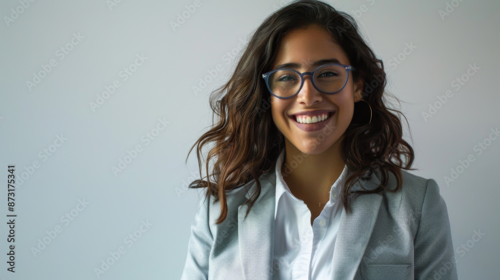 Portrait of a young woman in business clothes posing on a white background. Business woman with glasses smiling, having fun indoors. Lifestyle. Portrait of a young woman in business clothes posing on a white background. Business woman with glasses smiling, having fun indoors. Lifestyle.