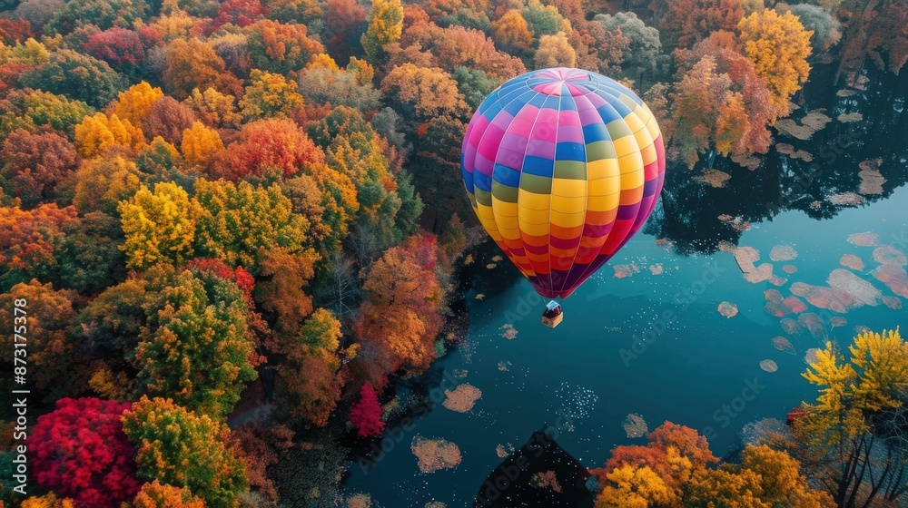 Fototapeta premium A vibrant hot air balloon soars over a tranquil lake, surrounded by a stunning autumn forest with varied foliage colors.