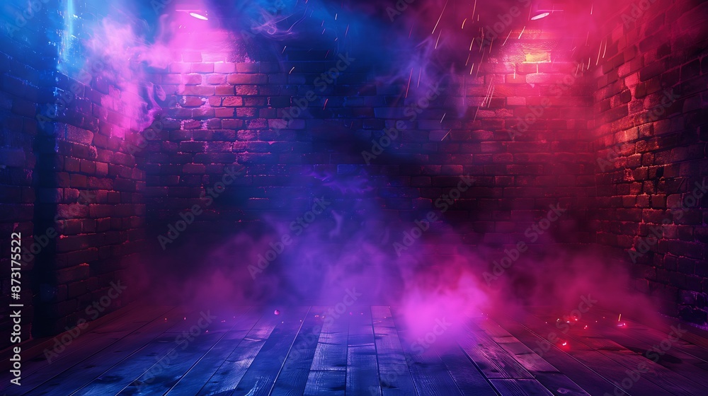 Dimly lit basement, ancient brick walls, red and blue sparks of fire, light on the wooden floor, swirling smoke, neon purple lamps, colorful minimalist scene, ultra hd high quality image