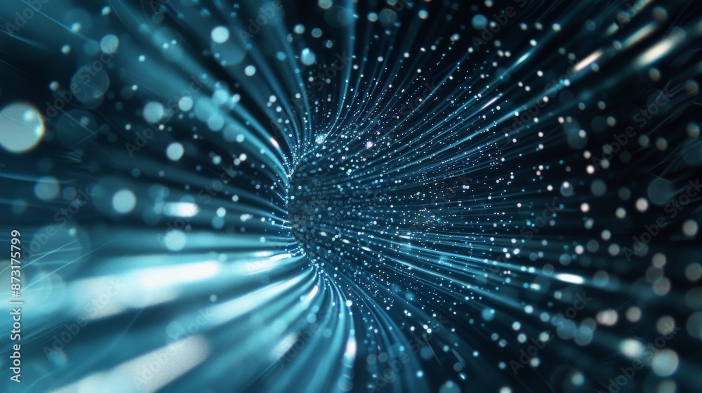 Naklejka premium Blue light streaks through a digital tunnel, with sparkling particles