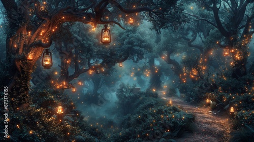 A mystical forest path lit by glowing lanterns © jessica