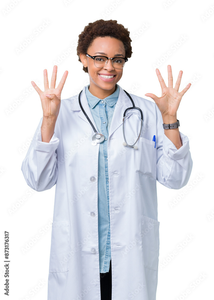 Young african american doctor woman wearing medical coat over isolated background showing and pointing up with fingers number nine while smiling confident and happy. Young african american doctor woman wearing medical coat over isolated background showing and pointing up with fingers number nine while smiling confident and happy.