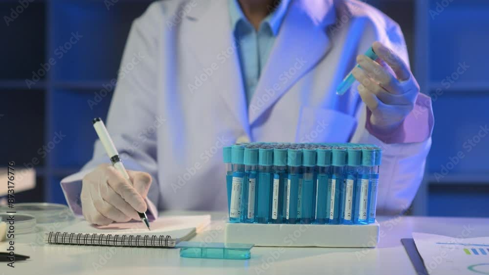 Scientist in lab coat analyzing blue test tubes and meticulously recording data in a laboratory. Documentation process with scientific precision