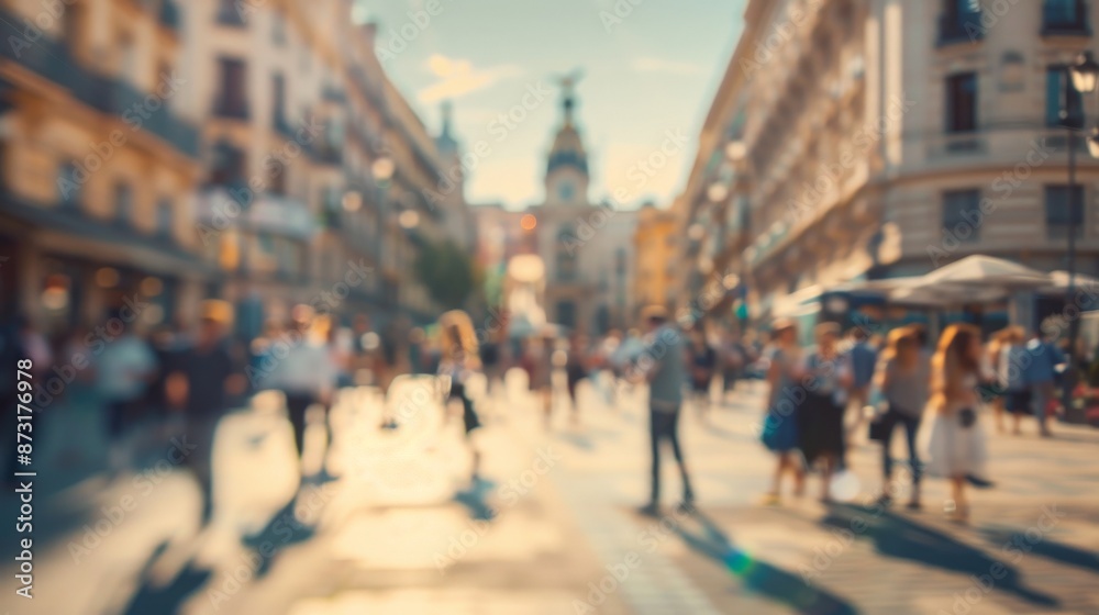 Pedestrians walk along a busy city street, their forms blurred in motion Pedestrians walk along a busy city street, their forms blurred in motion
