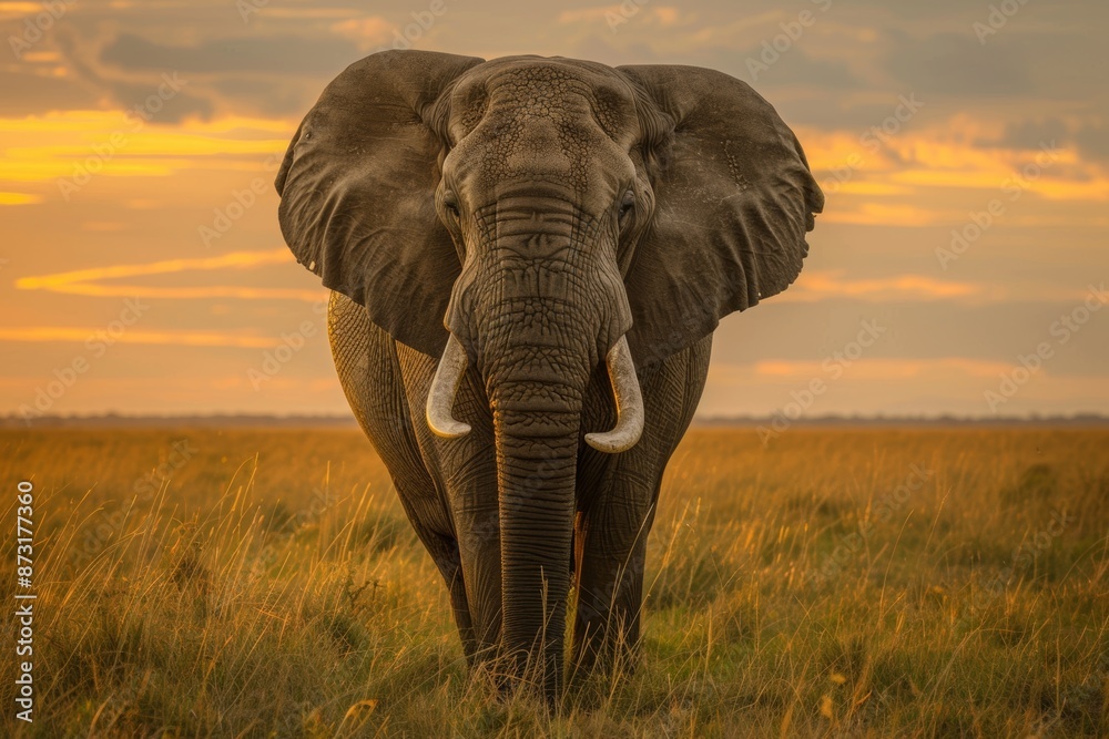 Obraz premium Majestic elephant stands in golden savanna at sunset, ears spread wide, tusks gleaming. Powerful portrait of African wildlife.