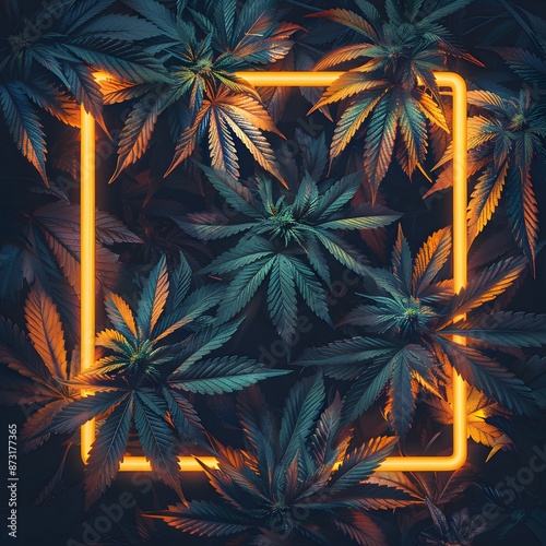 Illuminated tropical leaves surrounding a glowing orange frame in a dark, artistic composition. Perfect for modern and trendy designs.