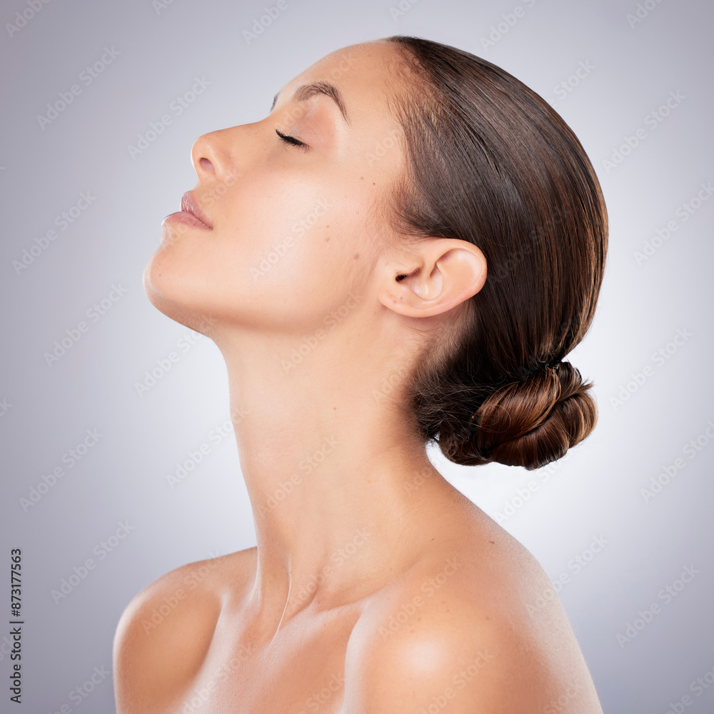 Woman, beauty profile and studio for skincare or aesthetic wellness with eyes closed, clean and calm. Female person, gray background and natural glow, self care or confidence with transformation Woman, beauty profile and studio for skincare or aesthetic wellness with eyes closed, clean and calm. Female person, gray background and natural glow, self care or confidence with transformation