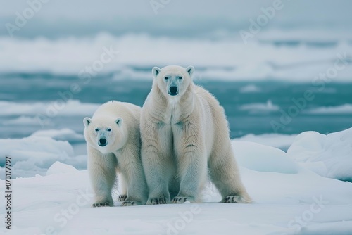 Two polar bears on ice, adult and cub, against a backdrop of icy waters. Majestic Arctic wildlife in their natural habitat.