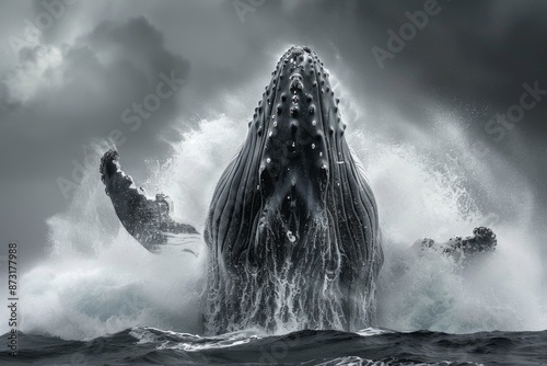 A majestic whale bursts out of the ocean, showcasing its enormous size and strength. The sunlight catches its sleek body, highlighting the power and beauty of this marine giant.