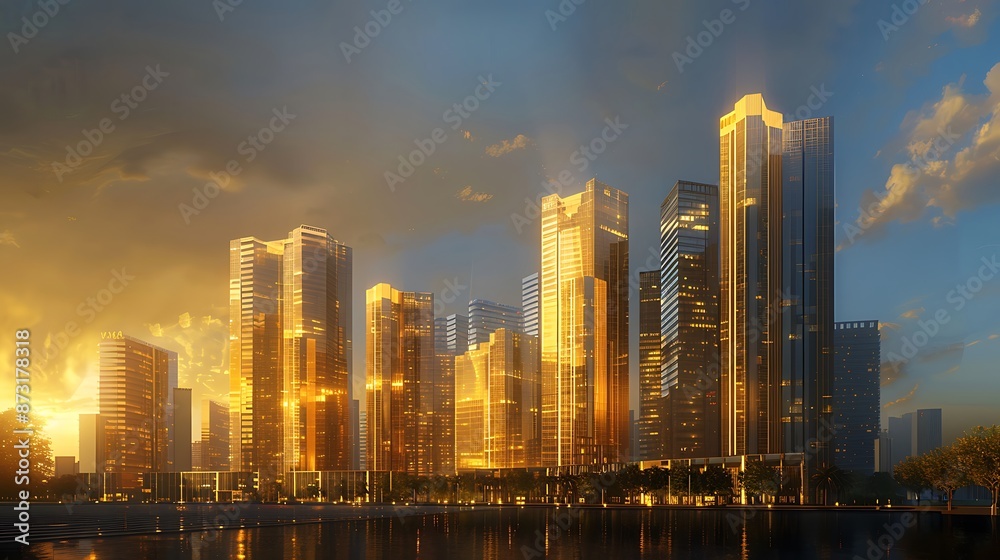 Obraz premium Golden Skyline Glow: Cityscape at Dusk with Warm Illuminated Buildings and Vibrant Sky Gradient of Blue and Orange