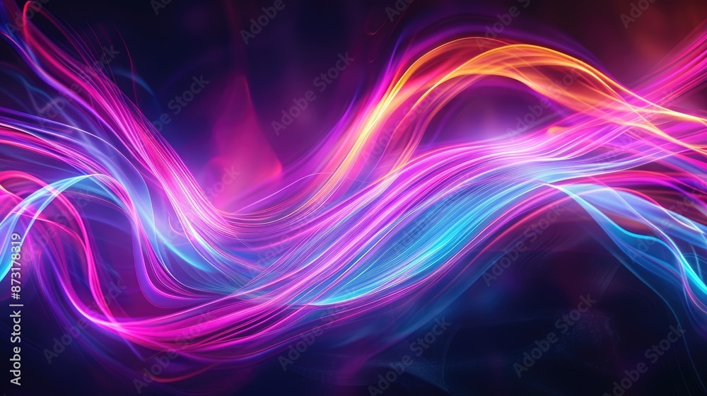 An abstract background with flowing neon light trails on a dark backdrop. An abstract background with flowing neon light trails on a dark backdrop.
