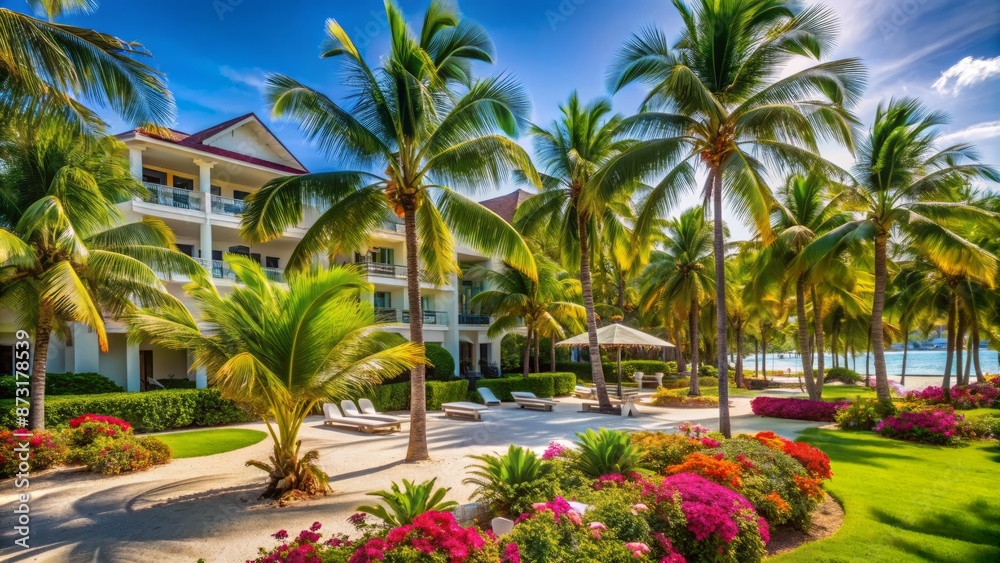 Fototapeta premium Luxurious resort hotel surrounded by lush green palm trees and vibrant floral arrangements on a sunny white sand beach.