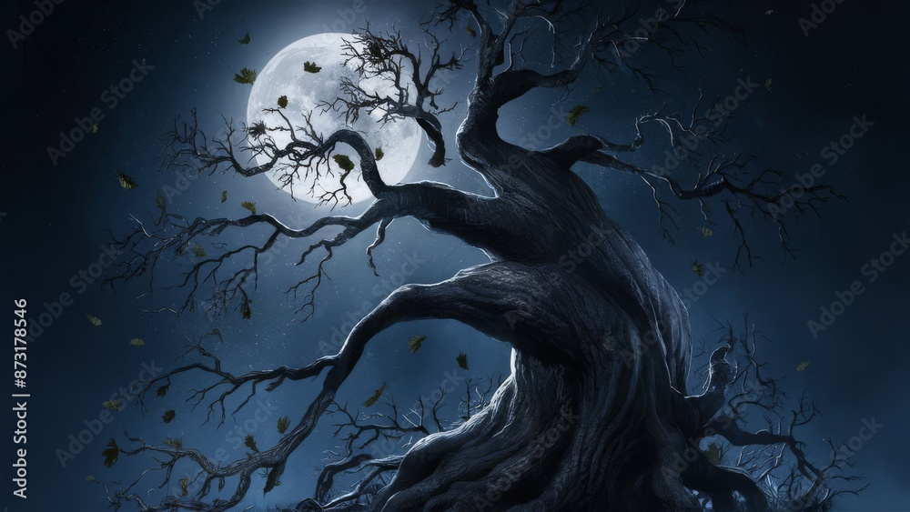 Fototapeta premium Creepy tree with falling leaves at night