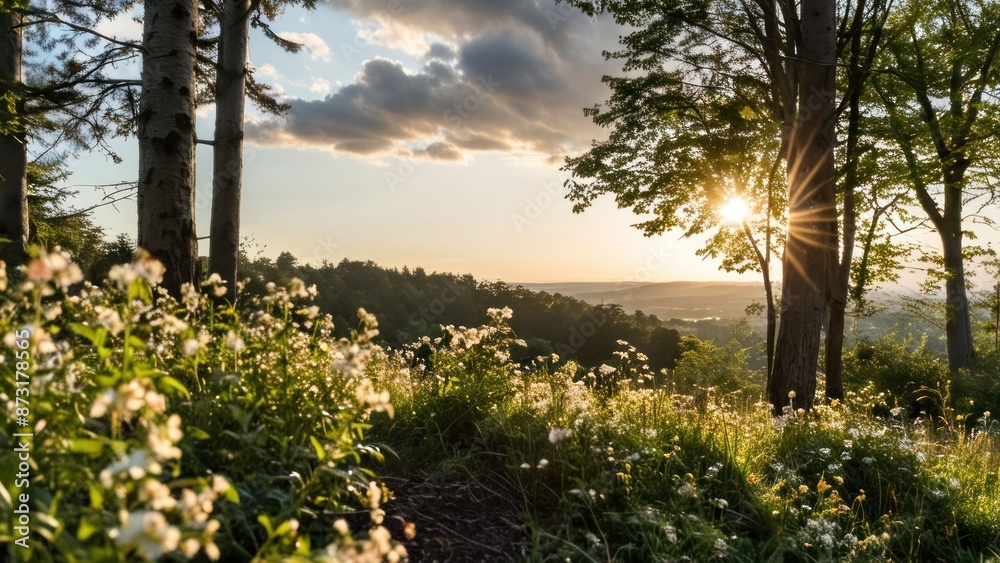Obraz premium a wooded area with sunlight behind trees and flowers in the foreground by a brushy hill landscape and distant sky line in the distance, some to the background, but on one of the other,