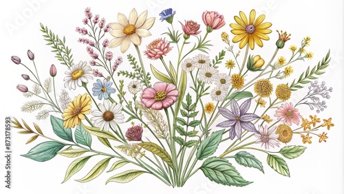 Wallpaper Mural Delicate hand-drawn wildflowers bouquet with botanical floral leaves in various shapes and sizes in outline sketch line art style. Torontodigital.ca
