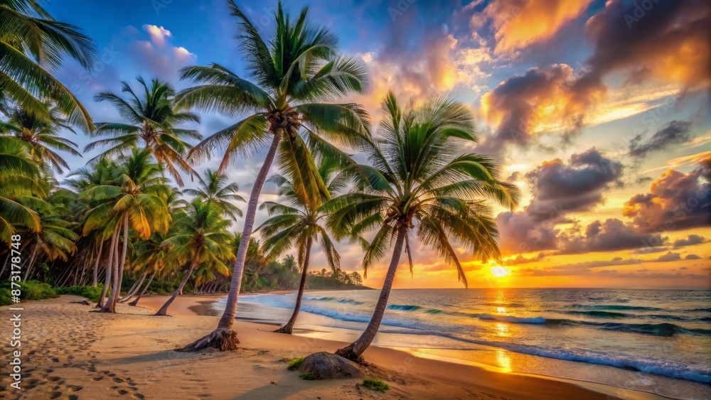 Obraz premium Serene warm tropical sunset landscape featuring majestic palm trees swaying gently on a tranquil deserted pristine sandy beach coastline.