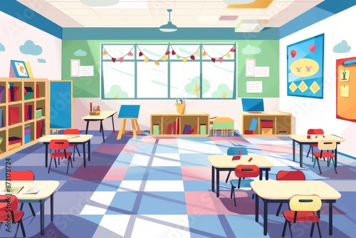 A bright and organized classroom with colorful posters on the walls, promoting learning and creativity. Neatly arranged desks and chairs create a conducive environment for students. © Jennie Pavl