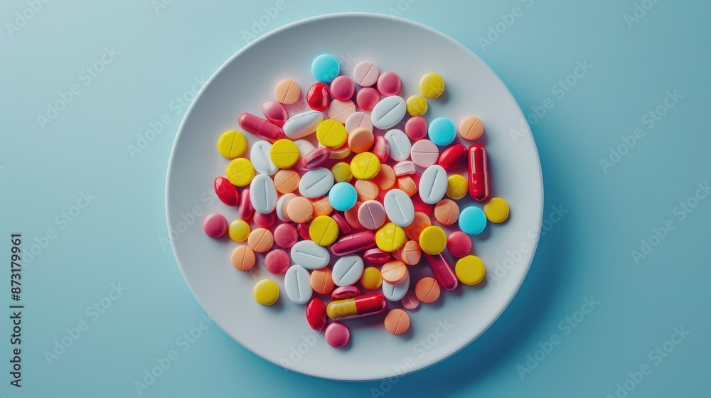 Photorealistic top view shot of a white plate filled with colorful medicine pills on a blue background, octane render, ultra realistic, 4k, illustration background Photorealistic top view shot of a white plate filled with colorful medicine pills on a blue background, octane render, ultra realistic, 4k, illustration background