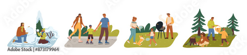 Happy family seasonal activity vector illustration scene set