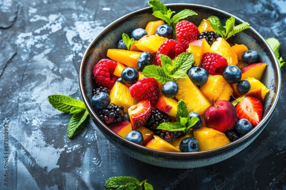 A bowl of fruit salad with blueberries, strawberries, and raspberries A bowl of fruit salad with blueberries, strawberries, and raspberries