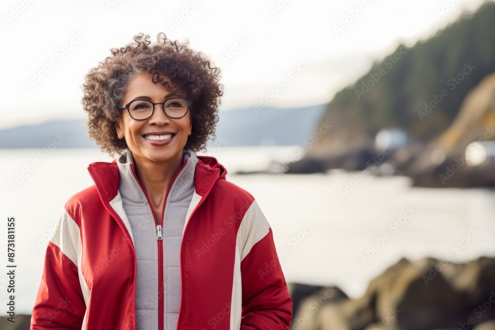 Portrait of a smiling afro-american woman in her 50s sporting a stylish varsity jacket while standing against rocky shoreline background Portrait of a smiling afro-american woman in her 50s sporting a stylish varsity jacket while standing against rocky shoreline background