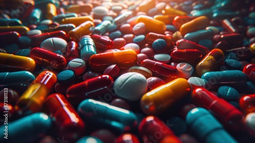 Overhead scene capturing a variety of medicinal pills spread out on a table, high-quality DSLR style, 8K resolution, bright and evenly distributed lighting, illustration background photo
