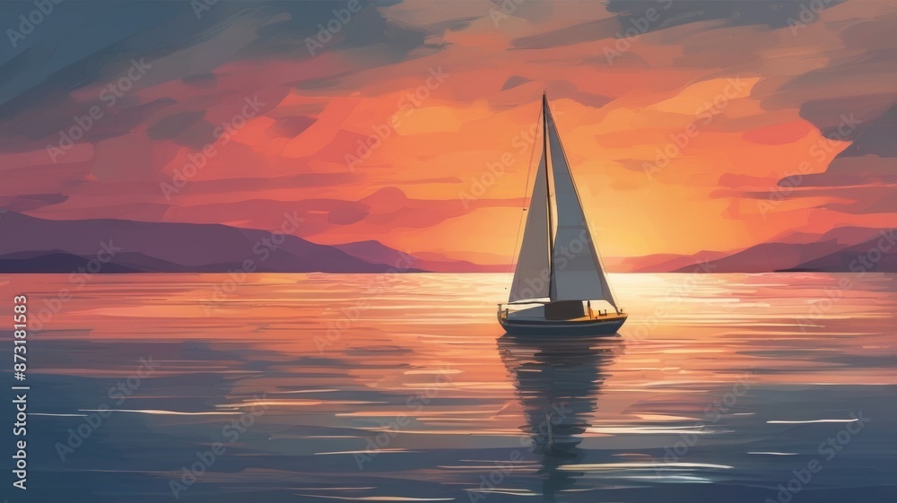 Fototapeta premium oil paint, sailboat boat at sunset on the ocean
