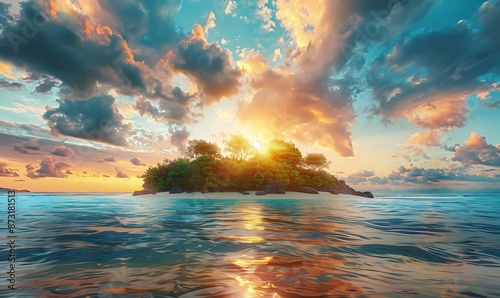 Serene Tropical Island at Sunset with Golden Beach and Turquoise Waters, Heaven on Earth