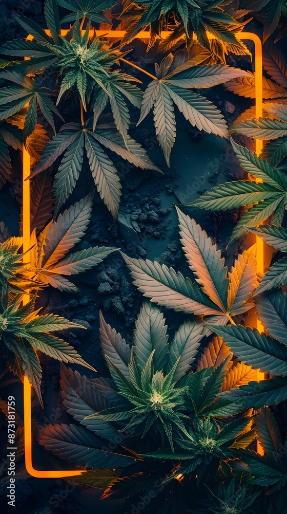 Top view of vibrant green cannabis leaves illuminated by neon lights, creating a modern, glowing aesthetic for natural and botanical themes. Top view of vibrant green cannabis leaves illuminated by neon lights, creating a modern, glowing aesthetic for natural and botanical themes.